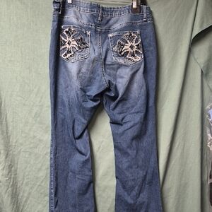 Love Indigo Denim Jeans with Ebordered Cross Pattern And Clear Stones
